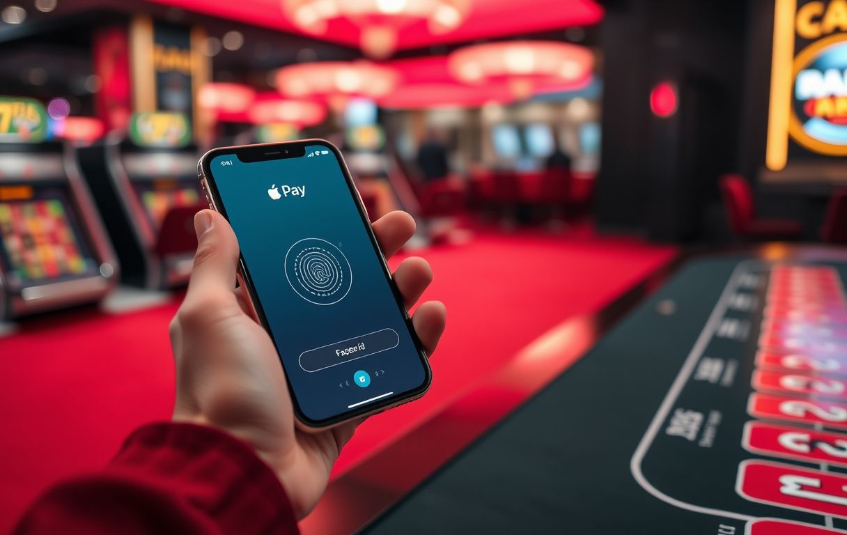 Person som betaler med Apple Pay på et nettcasino via iPhone