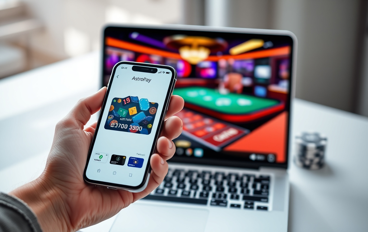 Person med mobiltelefon som viser AstroPay-appen, med casino-laptop i bakgrunnen.