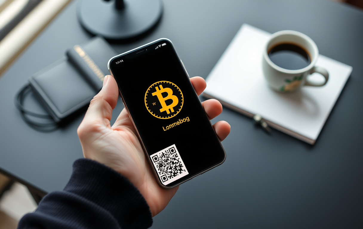 Smarttelefon med Bitcoin-lommebok og QR-kode ved siden av en kasinologo og en Bitcoin-mynt.