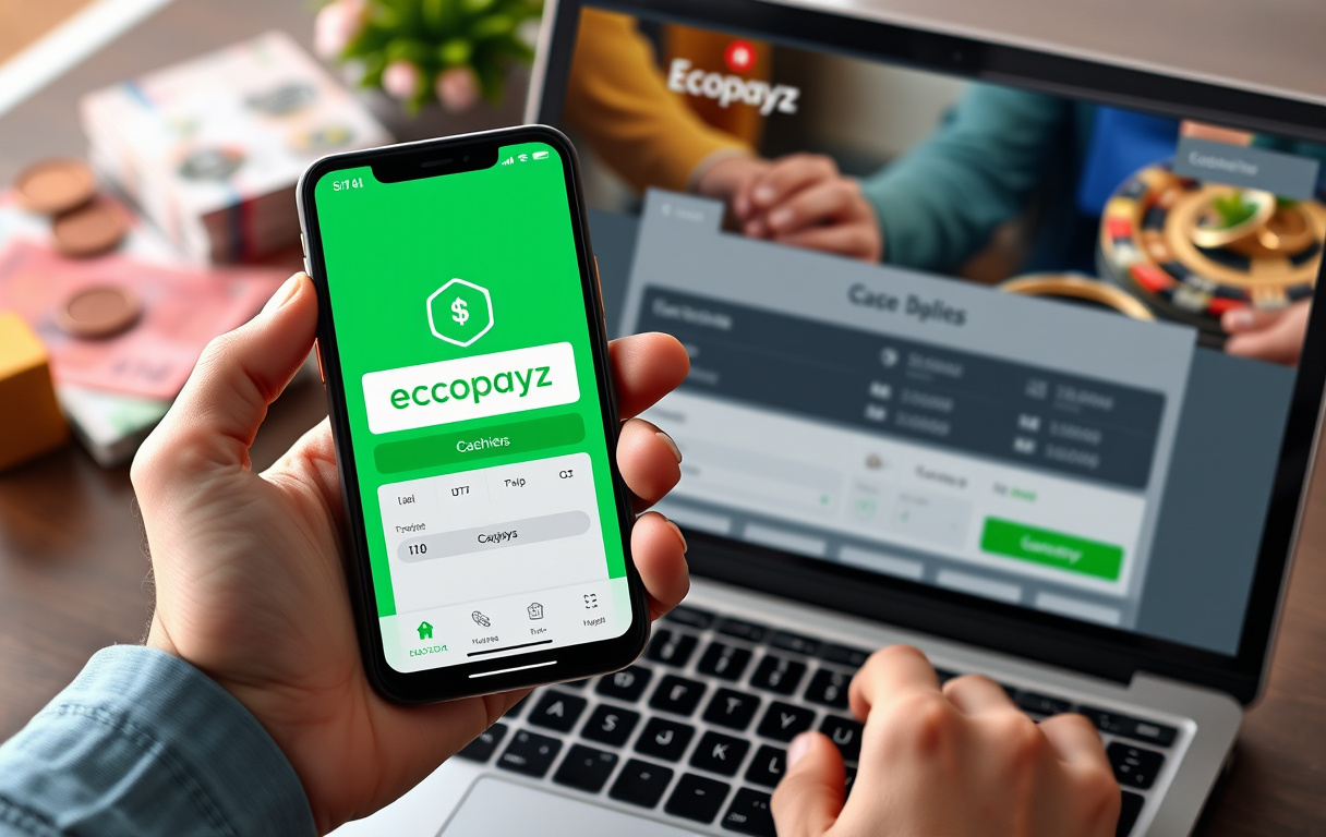 Mobil med Ecopayz-app og laptop med casinoinnskudd.
