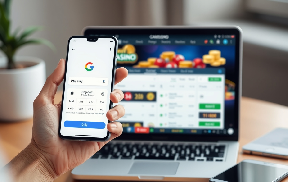 Person som bruker Google Pay på Android-telefon for innskudd på nettcasino