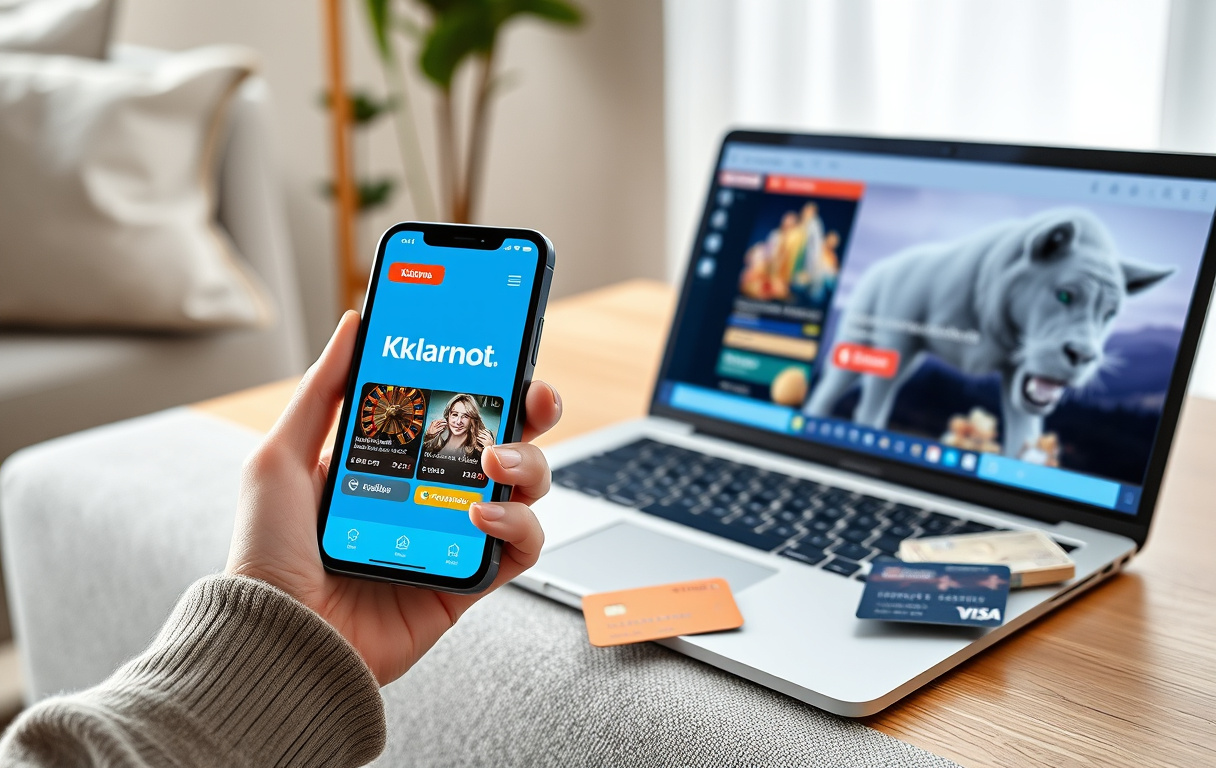 Person som bruker Klarna-appen på mobilen for å sette inn penger på et nettcasino, med bankkort og norsk valuta synlig.
