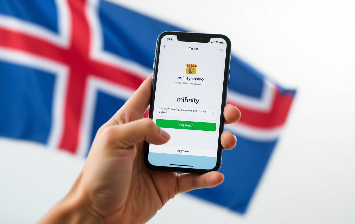 Person som holder en mobiltelefon med MiFinity-betaling på et casino – illustrasjon.