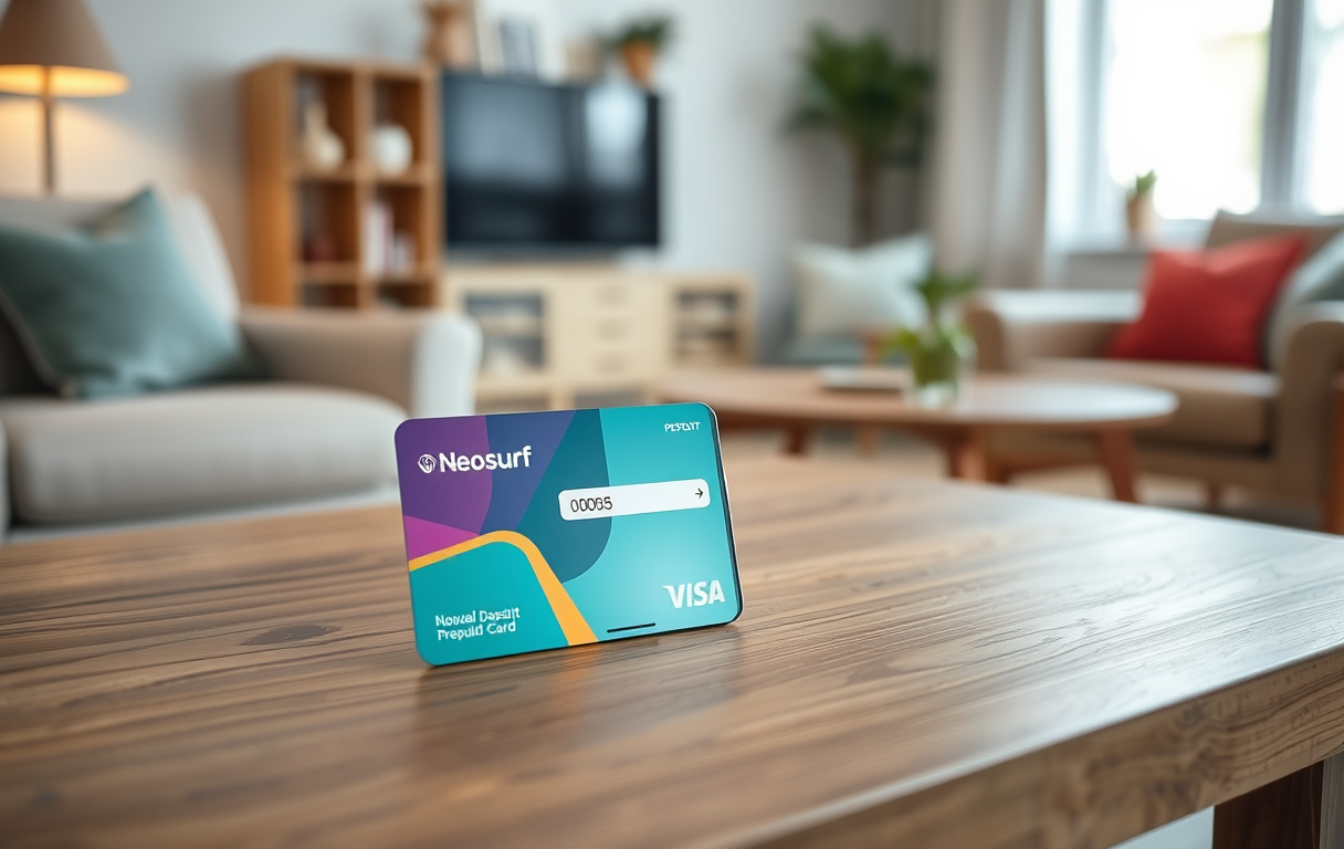 Neosurf-kort og mobiltelefon med casinoinnskuddsskjerm
