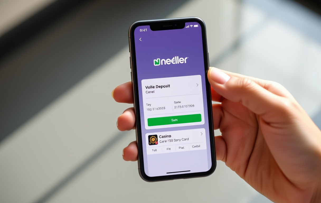 Smarttelefon med Neteller-app og casino-innskuddsskjerm