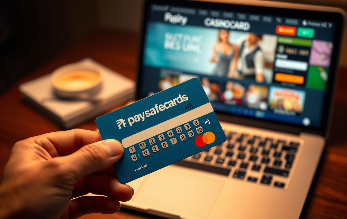 En person holder et Paysafecard-kort foran en laptop med et casino-nettside, fotorealistisk stil.