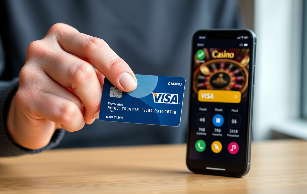 Norsk spiller med Visa-kort og mobiltelefon foran casino-kasse