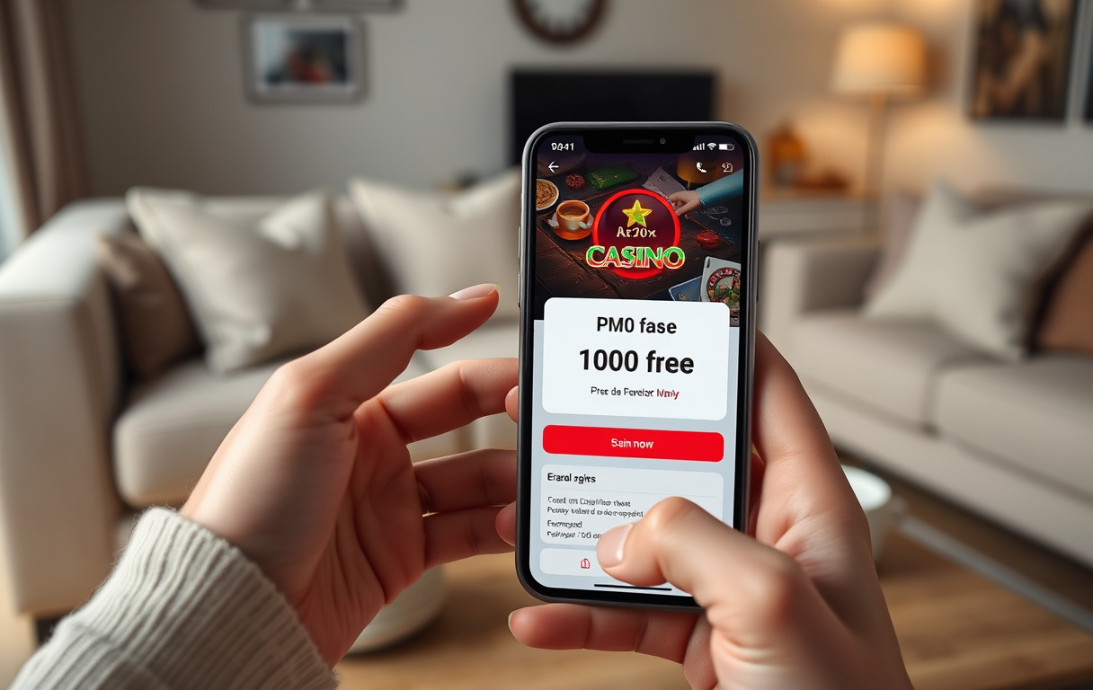 Person med smarttelefon som viser 100 kr gratis bonus på et nettcasino, i en norsk stue.