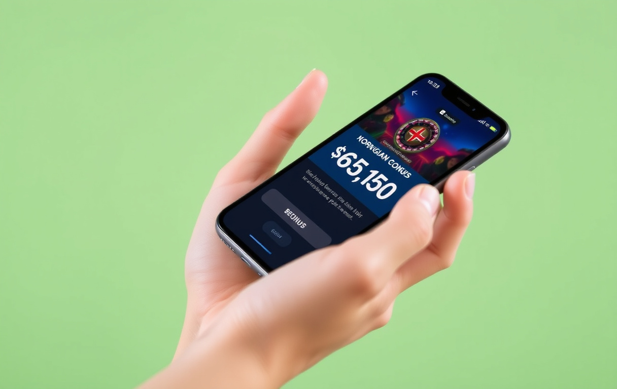 Person med mobil som viser casino bonus uten innskudd, med norske kroner-symboler.