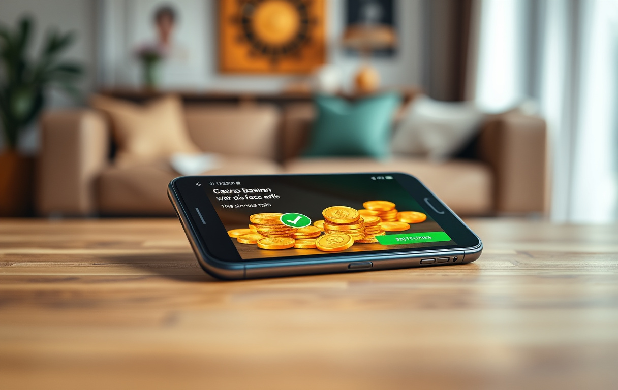 Smarttelefon som viser en bonus uten omsetningskrav, med mynter og grønt hakekryss, på et trebord.