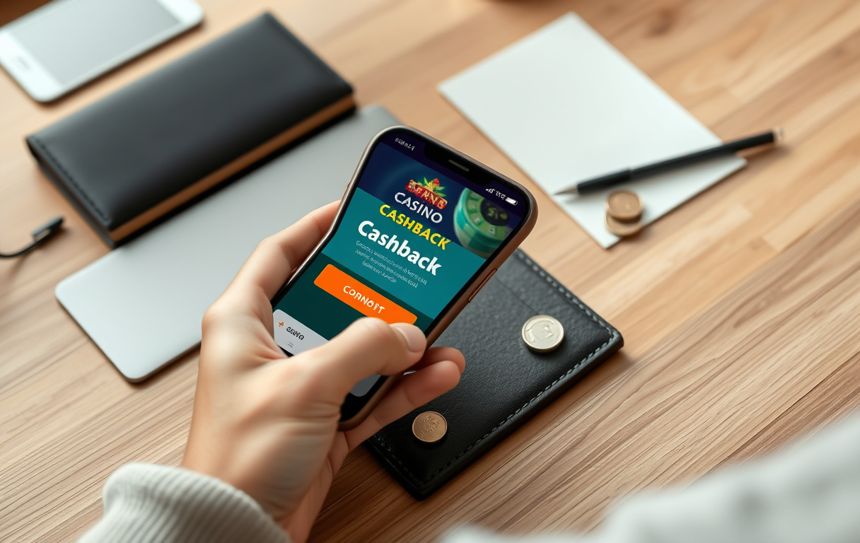En person ser på et cashback-tilbud på mobilen, med lommebok og mynter på bordet.