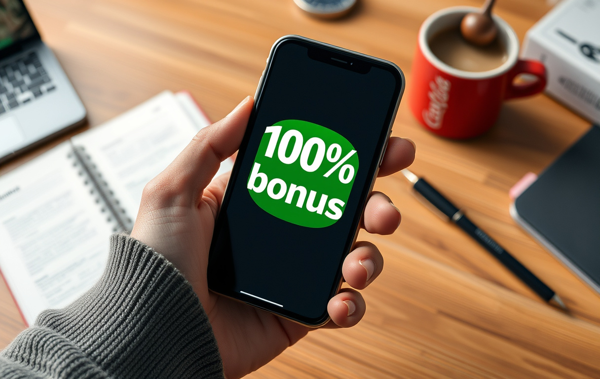 Mobiltelefon med innskuddsbonus-tilbud på skjermen, norske kroner og 100 % bonus