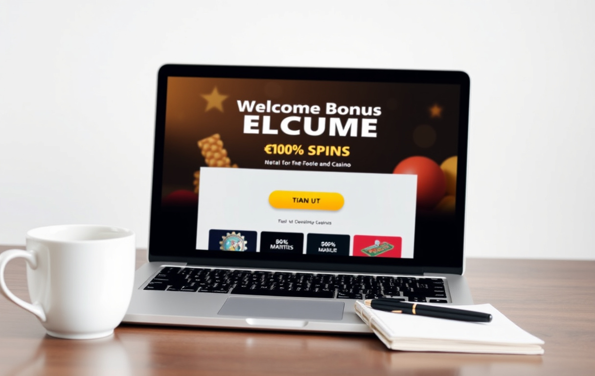 Skjermbilde av en velkomstbonus på et nettcasino med 100 % match og gratisspinn, ved siden av kaffekopp og notatblokk.