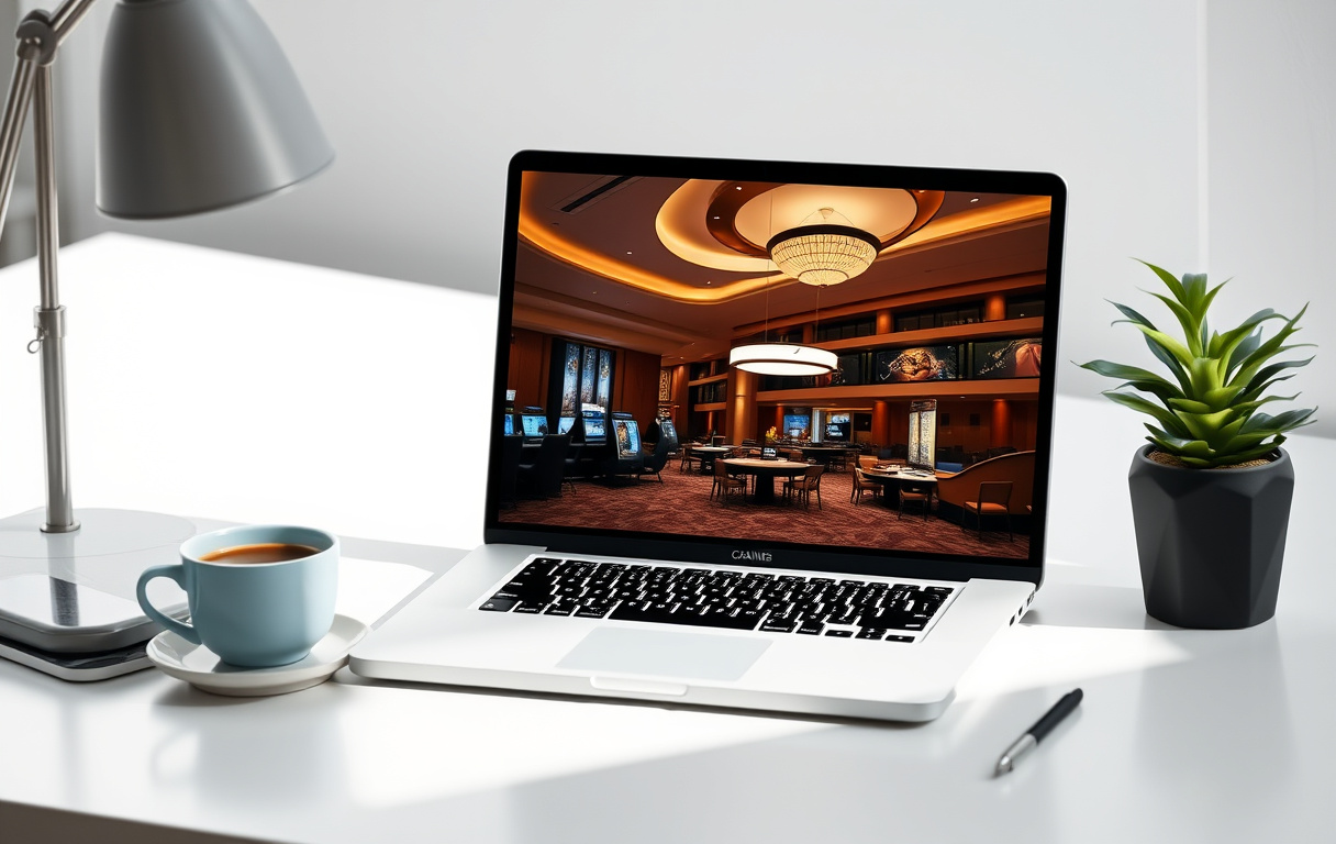 Moderne skrivebord med laptop som viser et nettcasino, kaffekopp og grønn plante