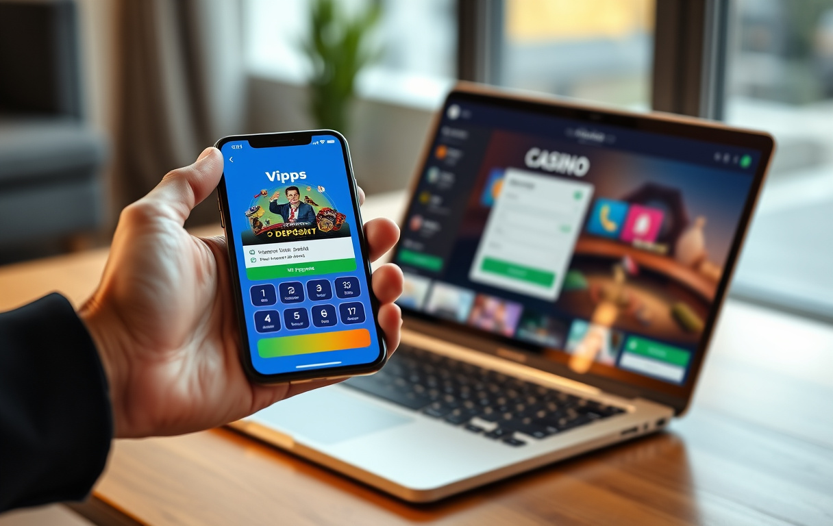 Mobiltelefon med Vipps-app og laptop med casinoinnskudd
