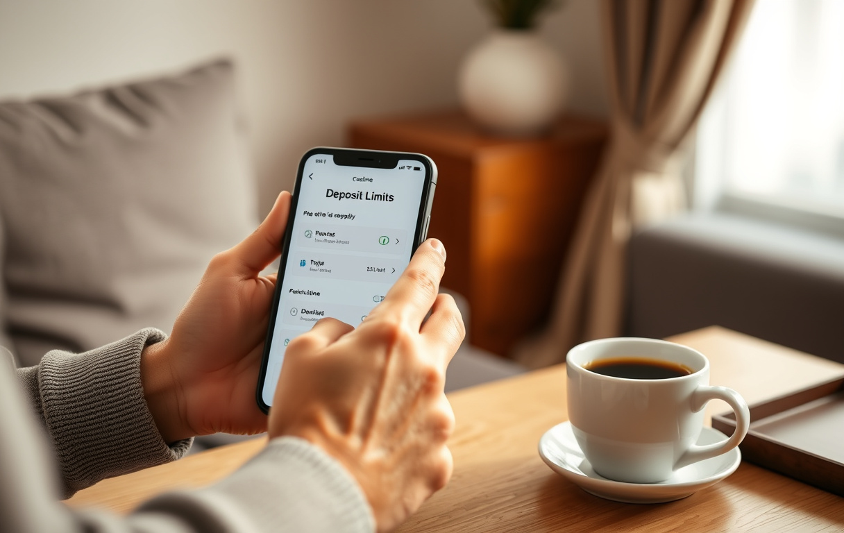 Person som setter innskuddsgrenser på en mobil casino-app