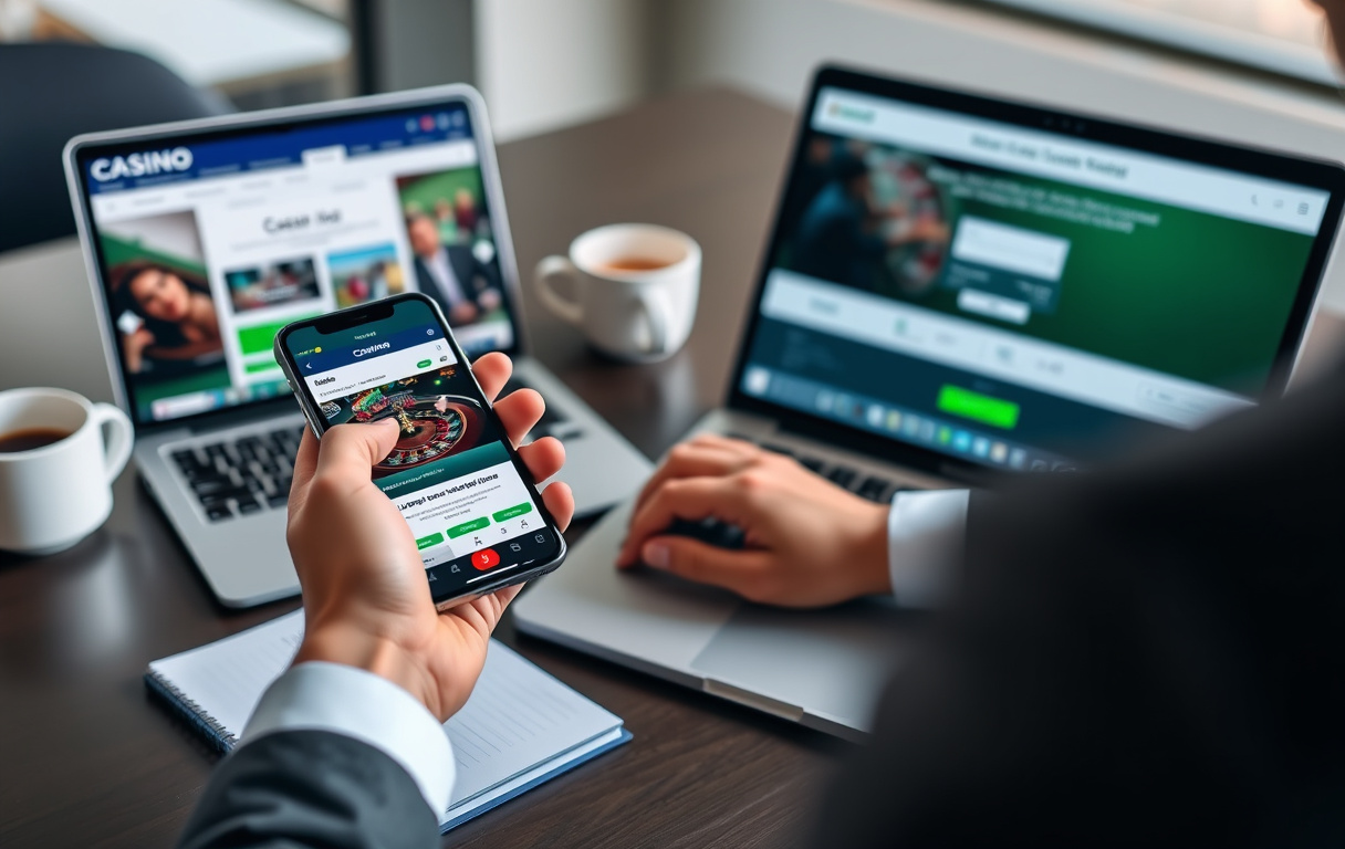 En person som sjekker lisensinformasjon på et nettcasino via mobil og laptop.
