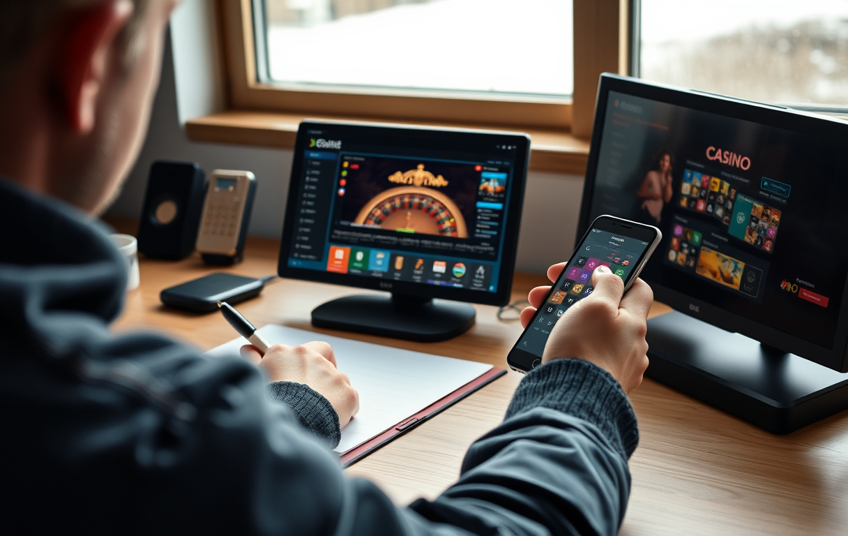 Skattemelding på dataskjerm og mobil med nettcasino, illustrasjon av skatteplikt på casinogevinster