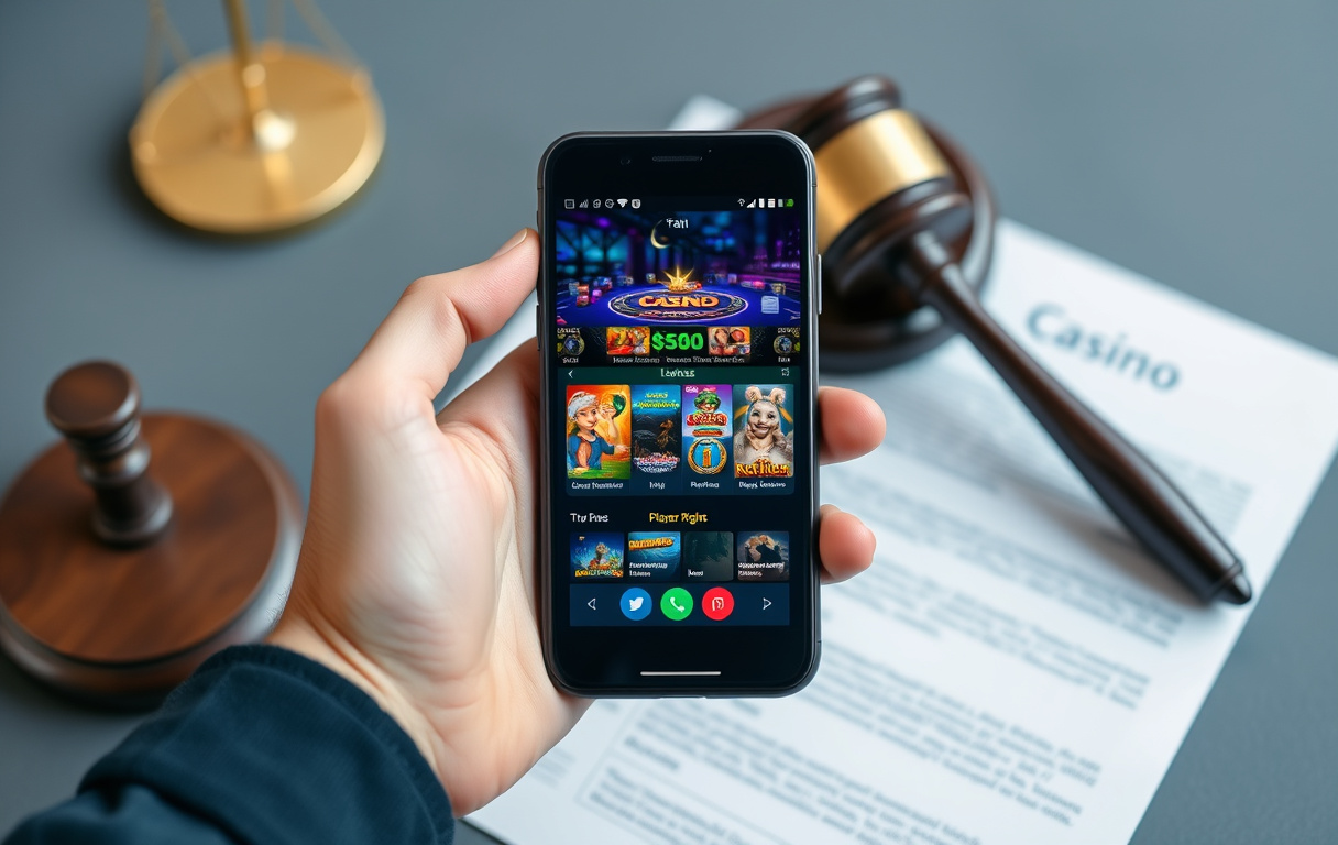 En person holder en mobiltelefon med et casinospill på skjermen, med en dommerhammer og juridiske dokumenter i bakgrunnen, som symboliserer spillerrettigheter.