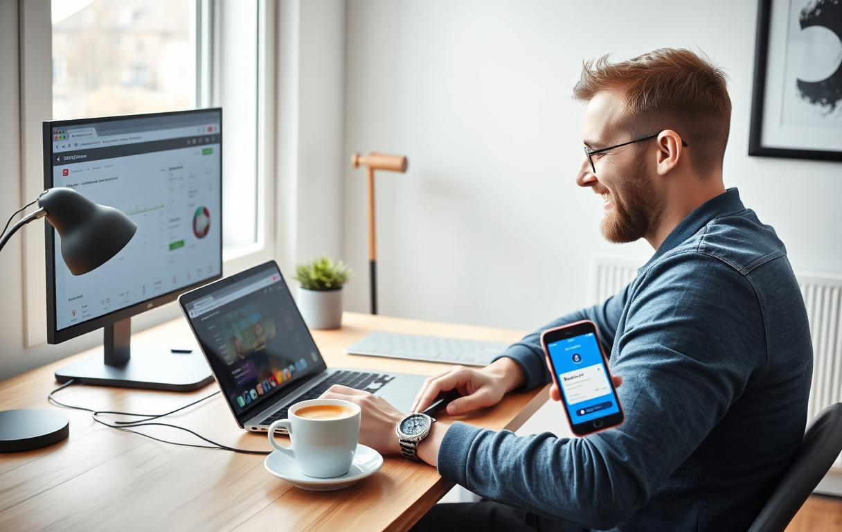 Norsk person som sjekker odds på en bettingside på laptop, med kaffe og Revolut-betaling på mobilen
