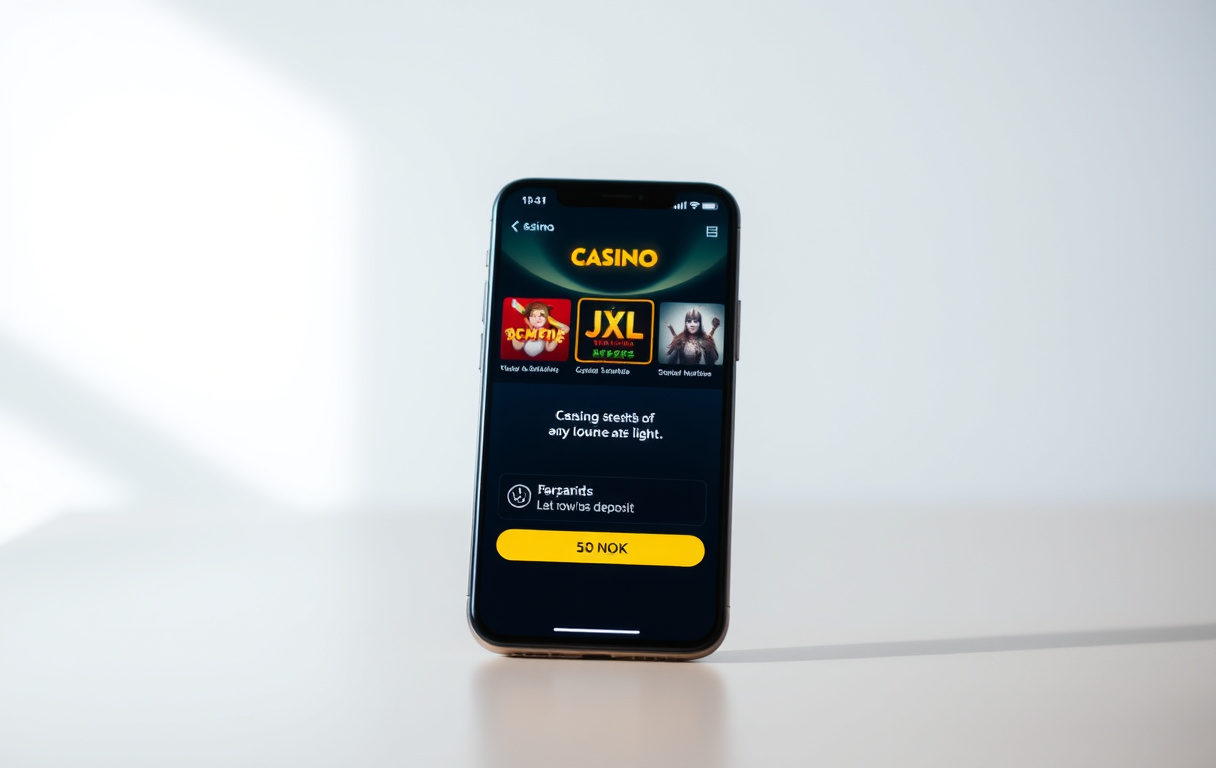 Smarttelefon med casino-app som viser lavt innskudd på 50 kroner