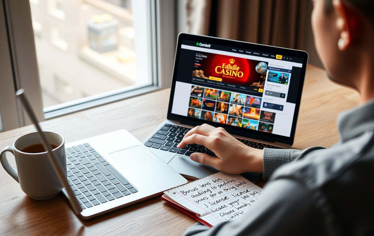 En person som sammenligner casinoer på en bærbar PC med notater om lisens og bonusvilkår