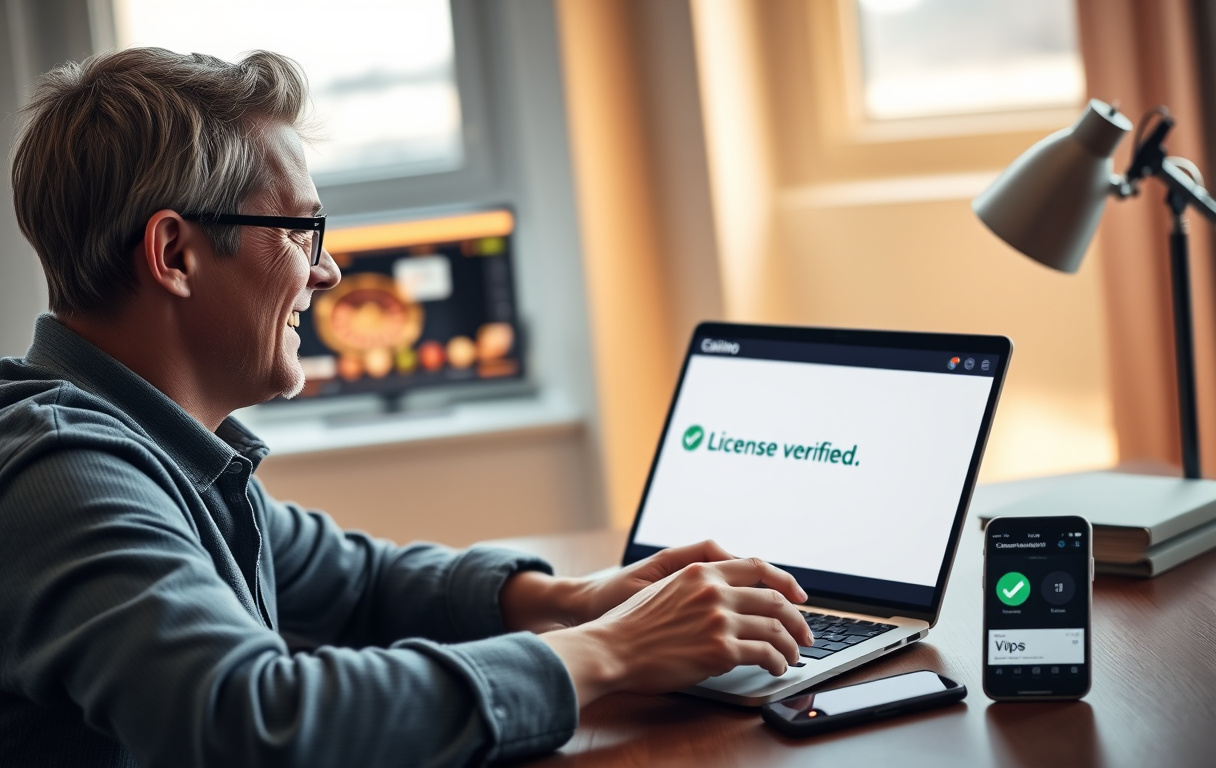 Norsk person som sjekker lisens på et casino uten registrering på laptop