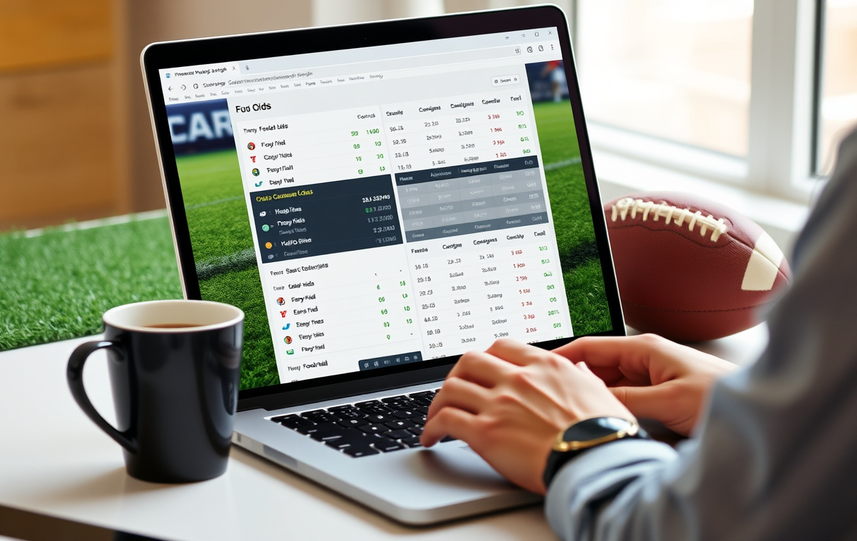 Person som sammenligner fotball odds på flere bettingsider på en bærbar PC