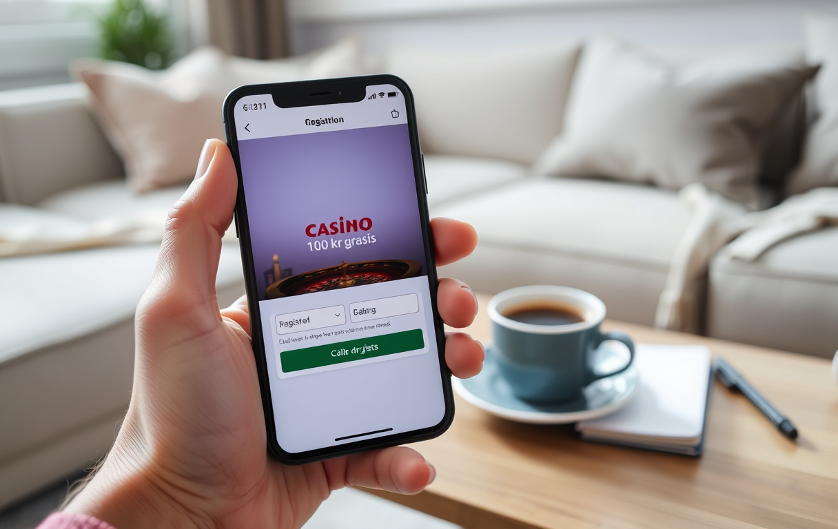 Person med mobil som viser gratis casino bonus, kaffekopp og notatblokk