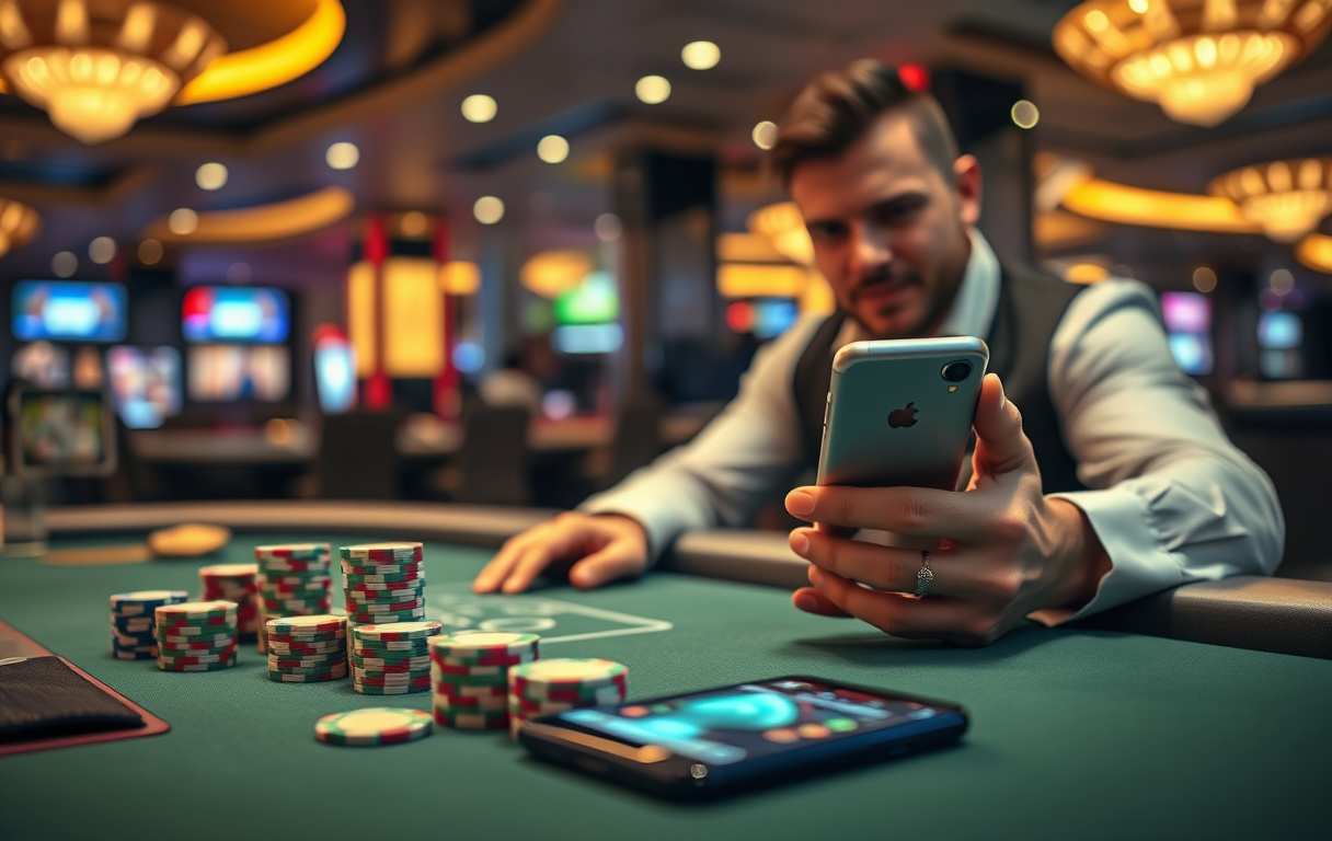 Highroller-spiller med sjetonger og mobiltelefon ved kasinobordet.
