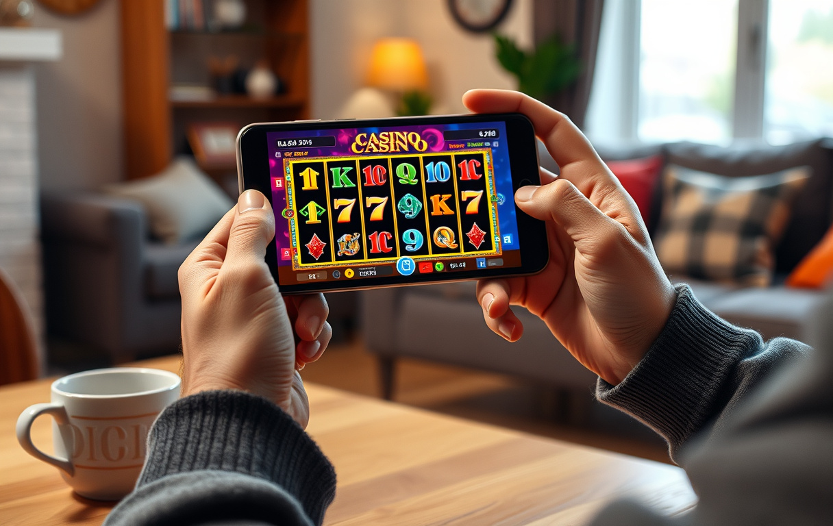 Person som spiller på mobilcasino i stuen