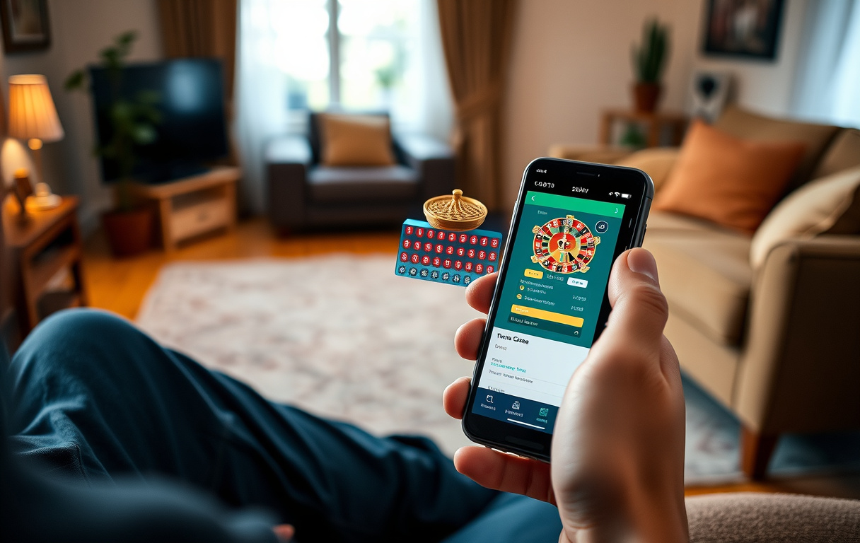 Person som spiller mobilcasino på smarttelefon i stuen