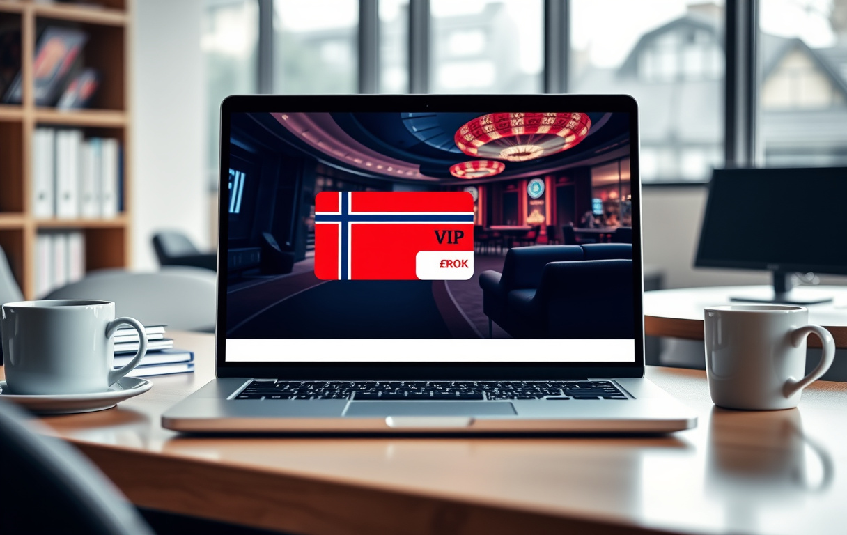 Bilde av en laptop med et norsk casino på skjermen, VIP-kort og norske kroner, moderne design.