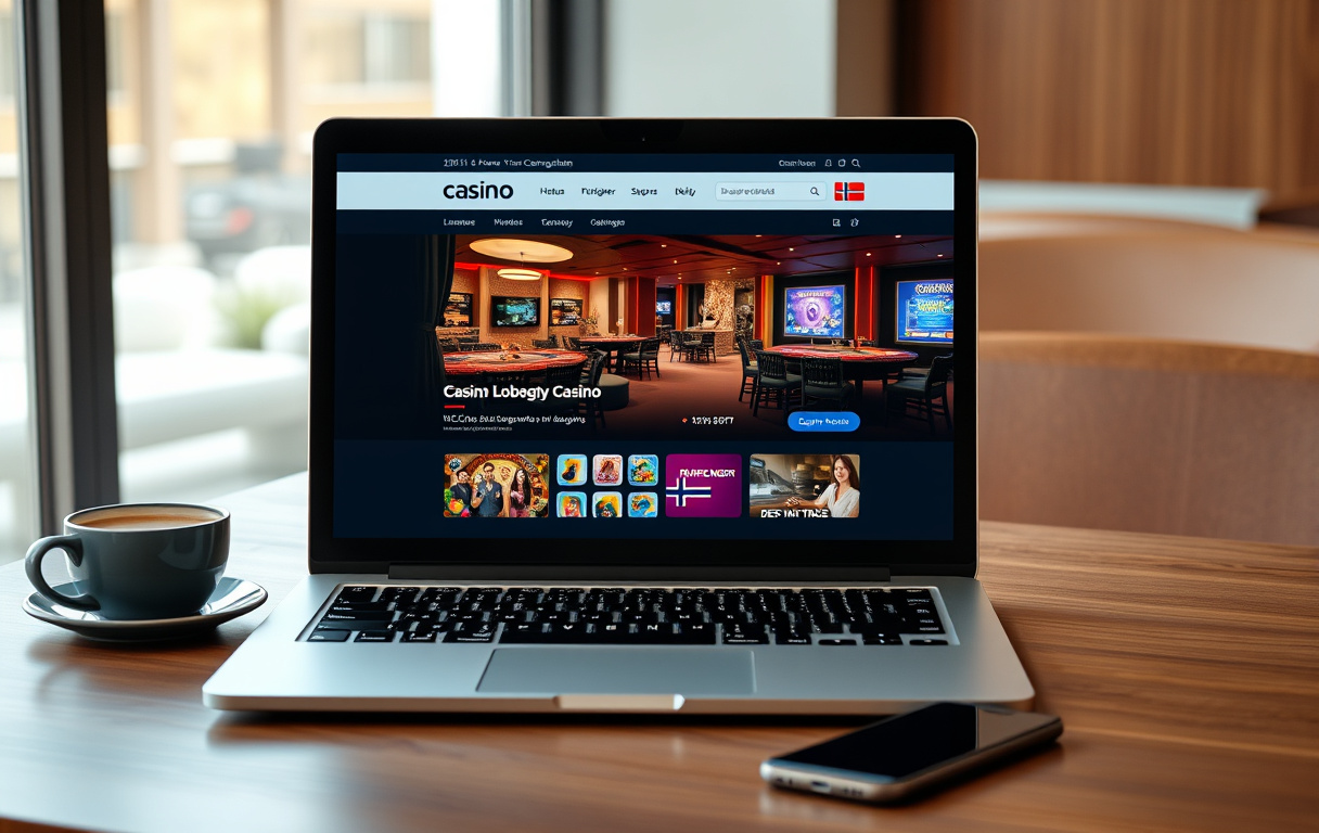 Laptop med norsk casino-lobby, MGA-lisens og norsk flagg.
