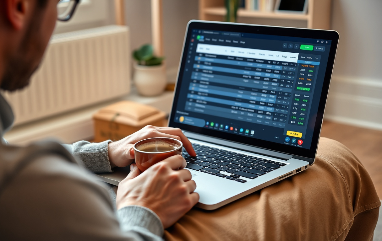 Person som sammenligner odds på en bærbar PC med en kopp kaffe ved siden av