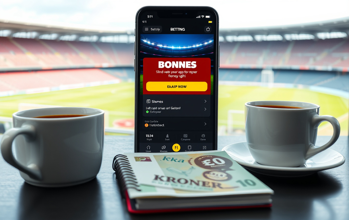 Smarttelefon med bettingapp som viser en oddsbonus, med kaffekopp og norske pengesedler ved siden av.