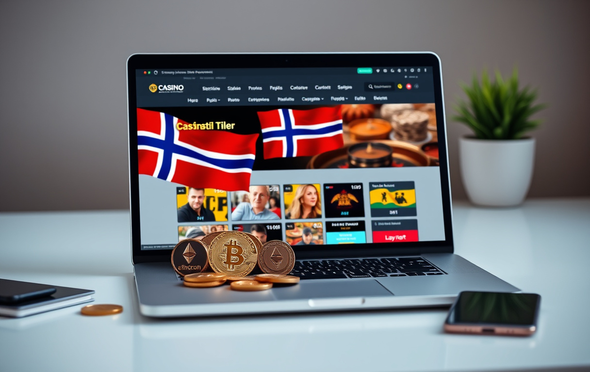 Laptop med nettside for utenlandsk casino, kryptovaluta og betalingskort på et skrivebord
