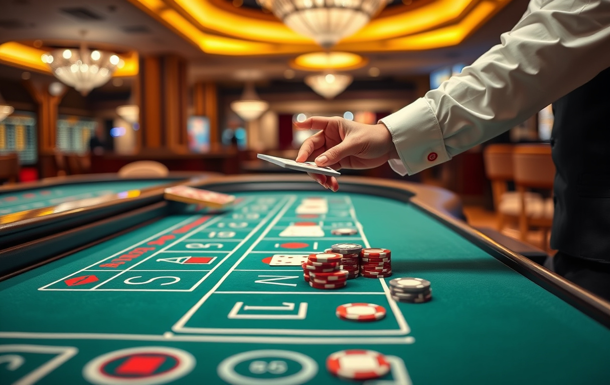 Bildet viser et baccarat-bord med en dealer og kort i spill, i et live casino-miljø.