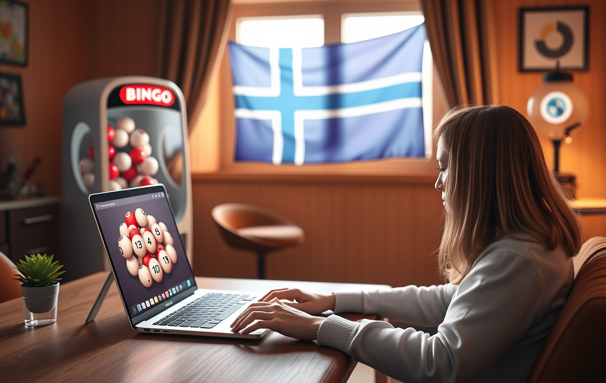 Norsk spiller spiller nettbingo med norsk flagg i bakgrunnen og bingoballmaskin.