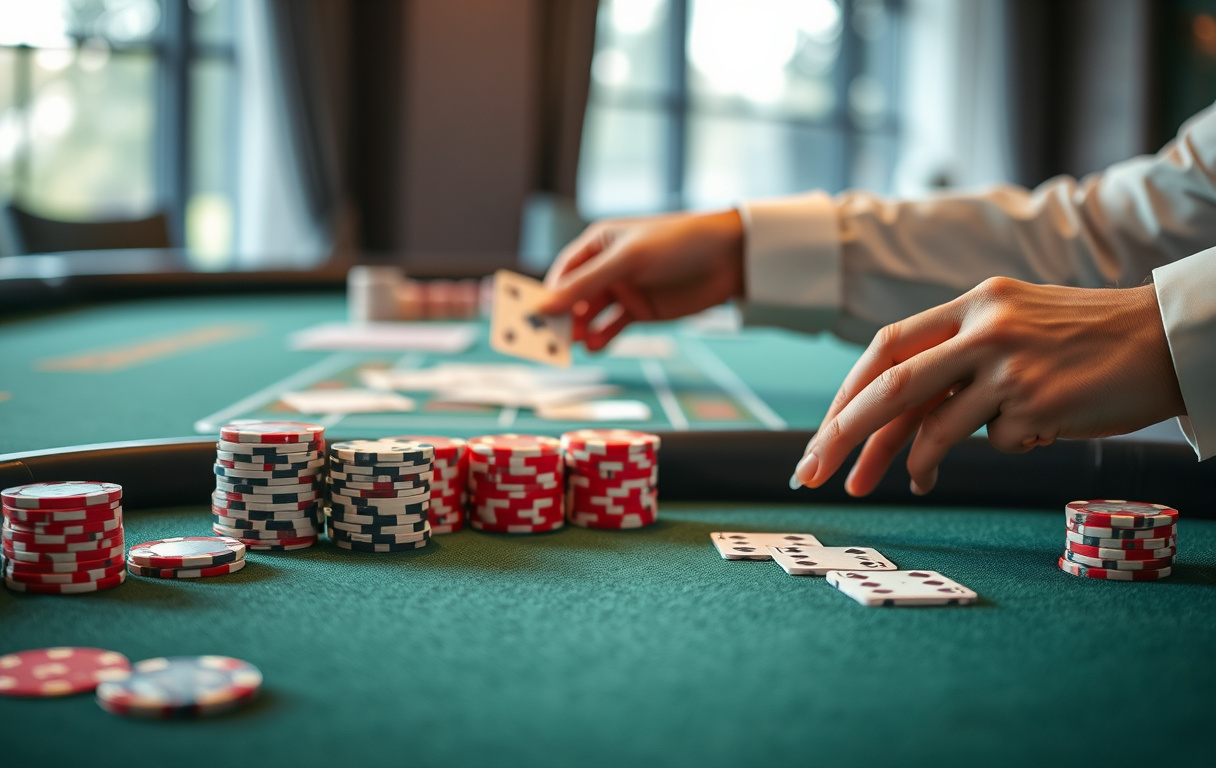 Blackjack-bord med kort og sjetonger, sett ovenfra i et casino.