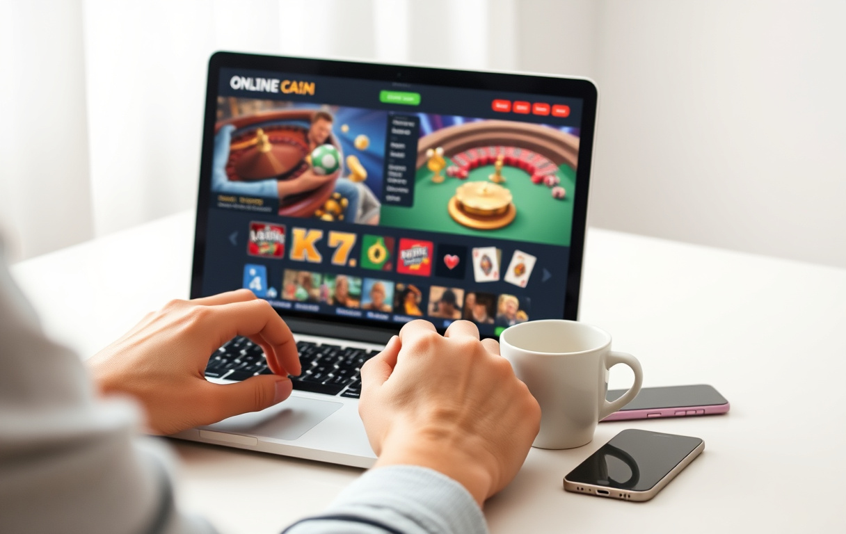 En person spiller casinospill på en bærbar PC med kaffekopp og mobiltelefon ved siden av.