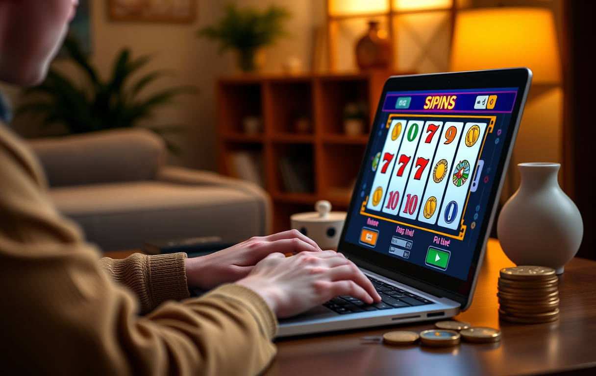 En person spiller gratis spilleautomater på en bærbar PC med virtuelle mynter og hjul synlig.