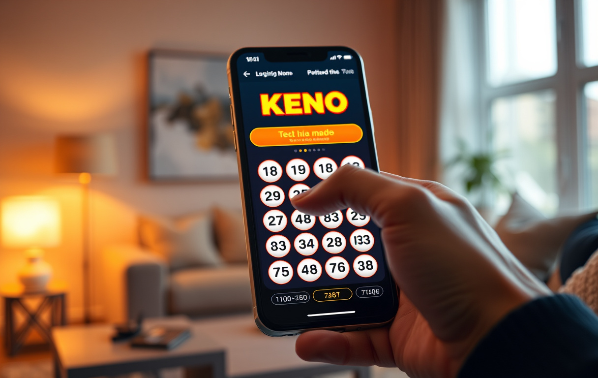 Hånd som velger Keno-tall på en smarttelefon i en stue.
