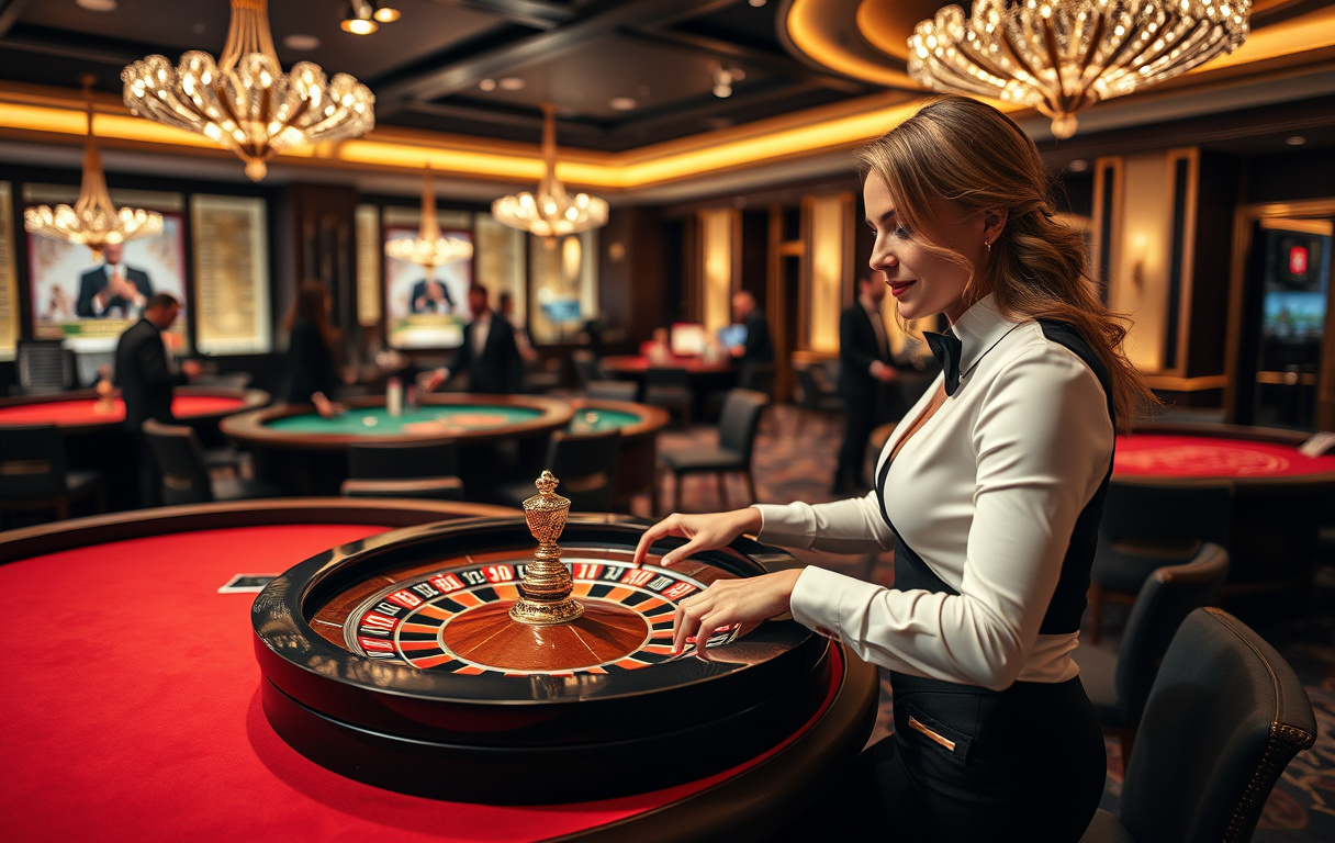 Live casino-studio med dealer og roulettebord.