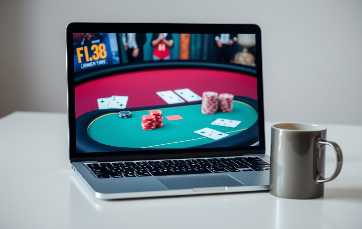 Laptop med poker på nett, kort og jetoner på skjermen